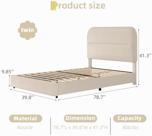 HOMBCK Twin Bed Frame, Cream Boucle Upholstered Platform Bed - Image 2
