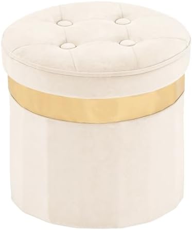 xuperbonus Small Ottoman with Storage, Folding Round Ottoman with Gold Trim by XUPERBONUS