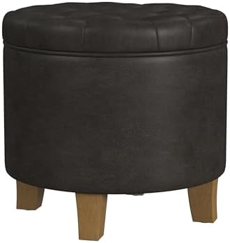 HomePop 19" Faux Leather Button Tufted Round Storage Ottoman - Image 4