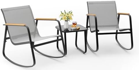 Aiho 3 Piece Patio Bistro Set, Textilene Rocking Chairs - Image 2