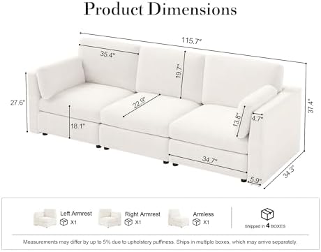 Oversized Modular Sectional Sofa 3-Seat Cloud Couches White - Image 2