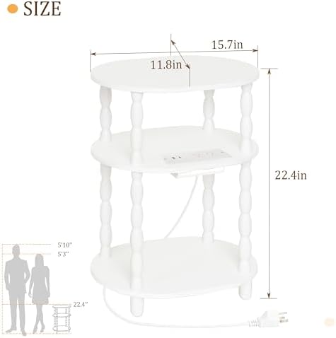 MaxSmeo White Side Table with Charging Station, 3-Tier Small Oval End Table - Image 3