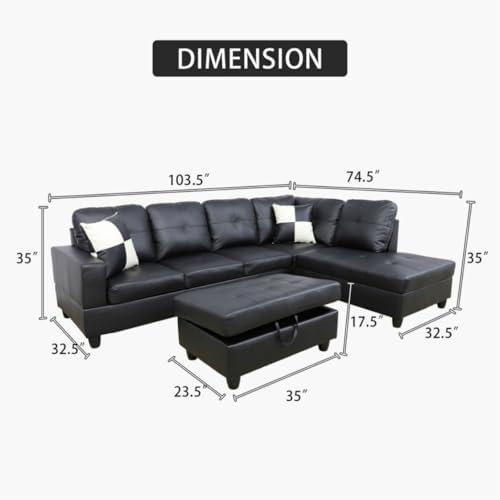 Black L-Shaped 3-Piece Faux Leather Sofa - Image 2
