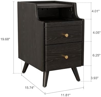 AQIMUELE Small Nightstand with Drawers, Solid Wood Bedside Table, Narrow Walnut - Image 2