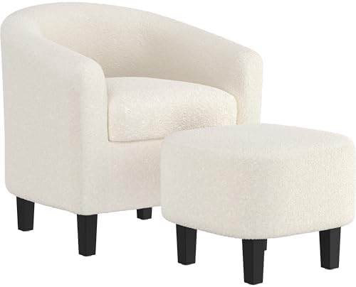 Yaheetech Accent Chairs with Ottoman, Boucle Fabric Barrel Chairs by Yaheetech