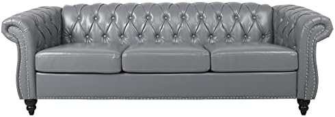 ORRD Chesterfield Sofa Leather, Modern PU Tufted Couch 3 Seater - Image 6