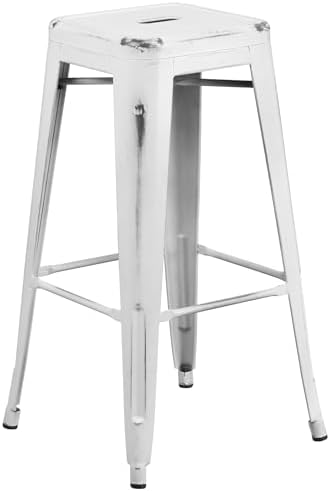 Flash Furniture 30 in Backless Metal Barstool, Distressed White - Image 4