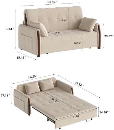 64.56" Pull Out Sofa Bed with Storage, Convertible Sleeper Sofa White - Image 2
