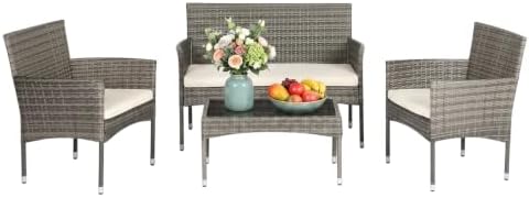 FDW 4-Piece Patio Furniture Set | Gray & Khaki | Outdoor Wicker Furniture by FDW