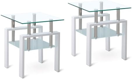 Glass End Table Tea Table with Shelf Side Table with Metal Legs Modern Small by FENGHUAGLASSHOME