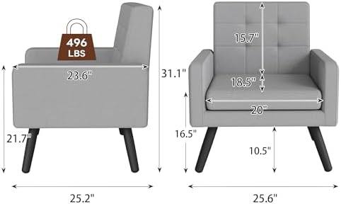 Accent Chair for Living Room Set of 2, Cozy Armchair, Light Grey - Image 2