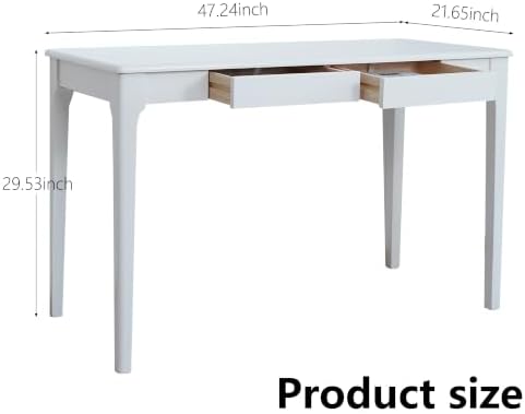 Solid Rubber Wood Desk with 2 Drawers, 47 Inch White Computer Writing Desk - Image 3