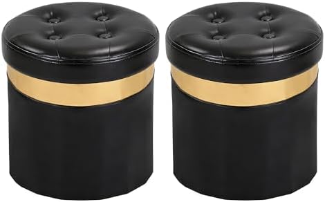 xuperbonus Small Ottoman with Storage, Folding Round Ottoman with Gold Trim by XUPERBONUS