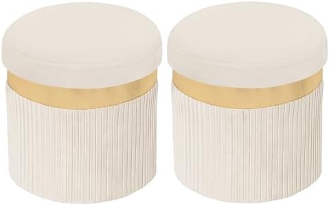 xuperbonus Small Ottoman with Storage, Folding Round Ottoman with Gold Trim by XUPERBONUS