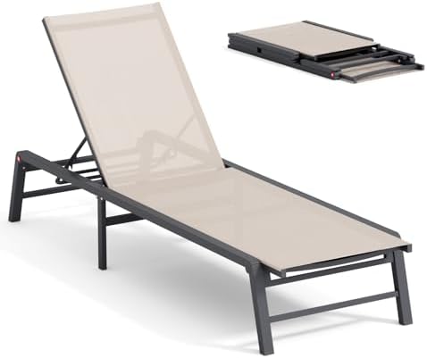 Aluminum Chaise Lounge Chair Outdoor, Foldable Patio Lounge Chair Assemble-Free by FHVIT