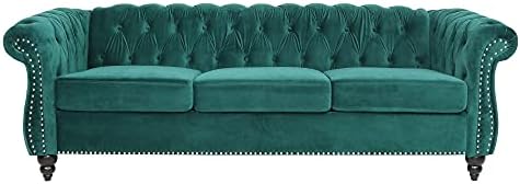 LEVNARY Three-Seat Velvet Sofa, Large Sofa Classic Tufted Chesterfield Settee - Image 3