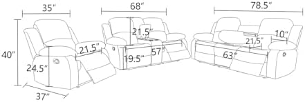 Recliner Sofa Set, Manual Reclining Couch Set, Living Room Furniture Sets - Image 2