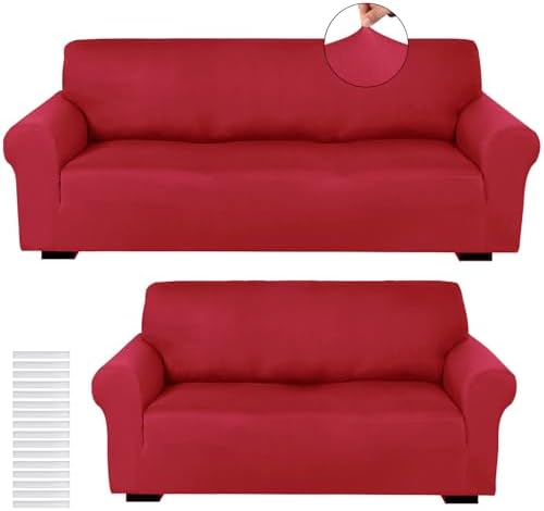 Peryiter 2 Pcs Couch and Loveseat Sofa Covers, Xmas Red, Milk Silk by Peryiter