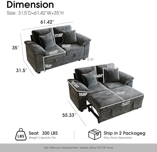 WorthFurni 61” Pull Out Couch, 2 in 1 Sleeper Sofa Bed - Image 2