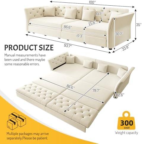 Sleeper Sofa Bed 100", Velvet Pull Out Couch, Flower Tufted Sofa - Image 2