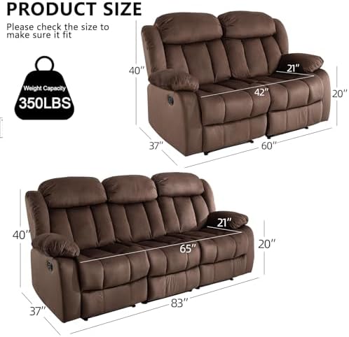 EBELLO Manual Reclining Sofa Set, Classic 5-Seater Furniture Set - Image 2