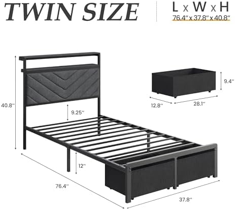 Fluest Twin Bed Frame with Storage Drawers, Upholstered Headboard with Charging - Image 2