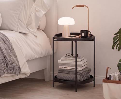 TeoKJ 2 Tier Round Side Table, Folding Round Metal End Table Small Nightstand - Image 2