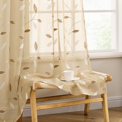 MIULEE Khaki Sheer Curtains 2 Panels Embroidered Leaf Patterned, W52 x L96 by MIULEE