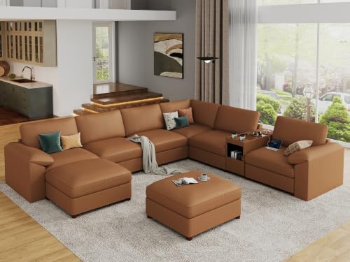 EASE MOOSE Leather Sectional Couch, U Shaped Deep Seat Sofa by EASEMOOSE