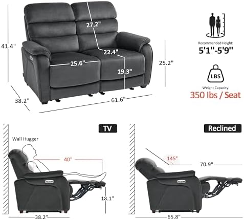 MCombo Zero Wall Hugger Power Loveseat Recliner Sofa - Image 2