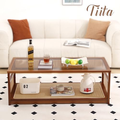 Tiita Large Bamboo Rectangle Coffee Table, Glass Top, Rattan Storage - Image 5
