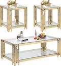 3 Piece Living Room Table Set, Rectangular Tempered Glass Coffee Table and End by GenuineFurniture