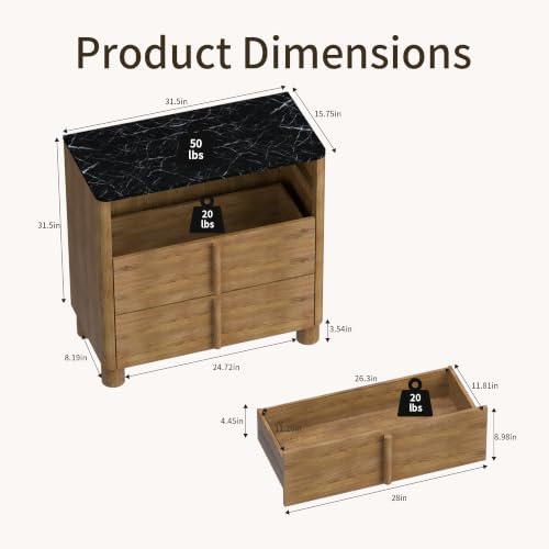 31.5" Wide 3 Drawer Dressers, Faux Marble & Wood Storage Cabinet, Modern Curved - Image 2