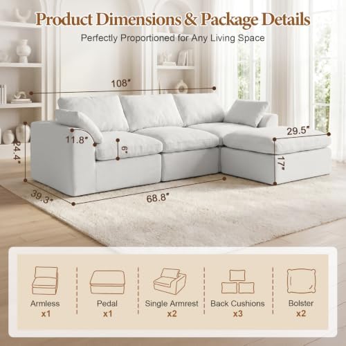 108" Cloud Sectional Couches for Living Room, Oversized Boneless Modular L - Image 2