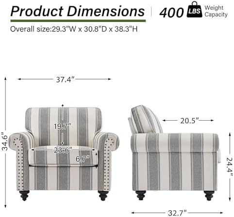 Striped Accent Chair, Comfy Reading Armchair, Light Grey - Image 2