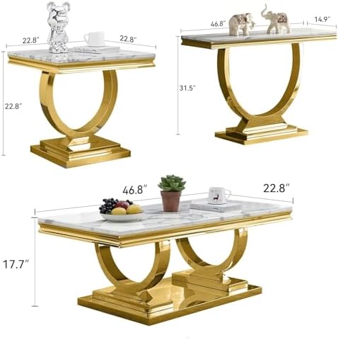 Henf 3 Piece Living Room Table Set, Faux Marble Coffee Table & Console Table & - Image 3