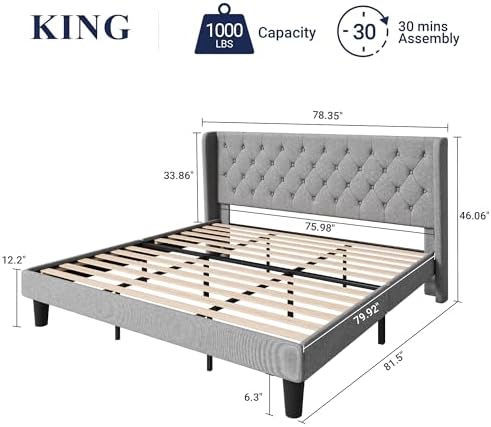 Allewie King Bed Frame with Button Tufted Wingback Headboard, Light Grey - Image 2