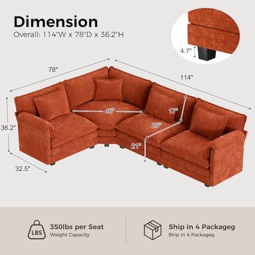 ELUCHANG 114" Oversized Modular Sectional Sofa, Comfy Chenille Cloud Couch - Image 2