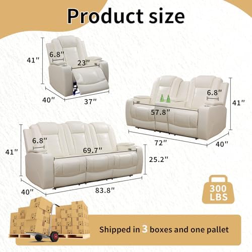 Power Recliner Sofa Set with LED Lights, Leather Reclining Couch with Coffee - Image 2