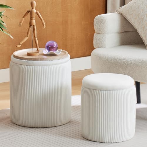 BLEXA Round Ottoman with Storage Set of 2-White Velvet Vanity Stool by OUSADOU