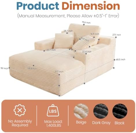 68" Oversized Boneless Chaise Lounge Chair, Cloud Reading Sofa - Image 2