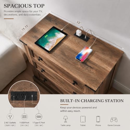 T4TREAM 32" Farmhouse 3 Drawer Dressers, Large End Table w/Charging Station - Image 3