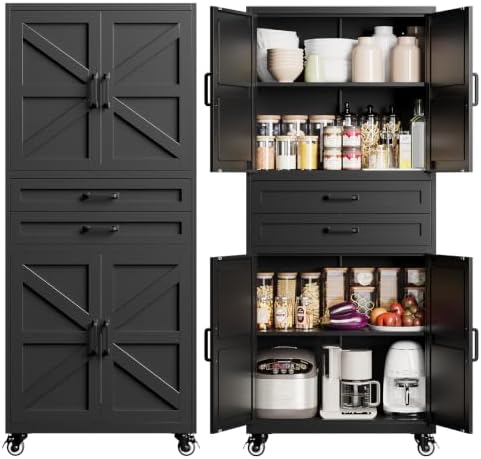 Black Metal Garage Storage Cabinet Rolling Kitchen Storage Pantry Cabinet by Yizosh