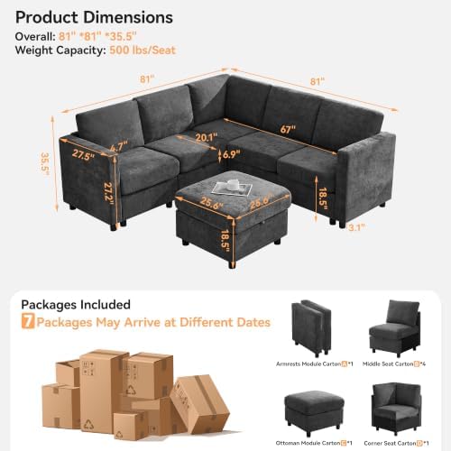 81'' V Shaped Modular Sofa, Storage Sectional Living Room Couch, Dark Grey - Image 2