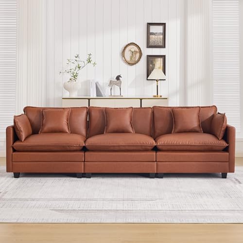 111'' Sectional Cloud Deep Seat Couch, Modular 3 Seater Sofa, Leather Brown by WUTUTUEE