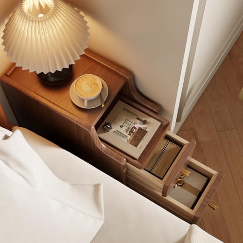 AQIMUELE Small Nightstand with Drawers, Solid Wood Bedside Table, Narrow Walnut - Image 3