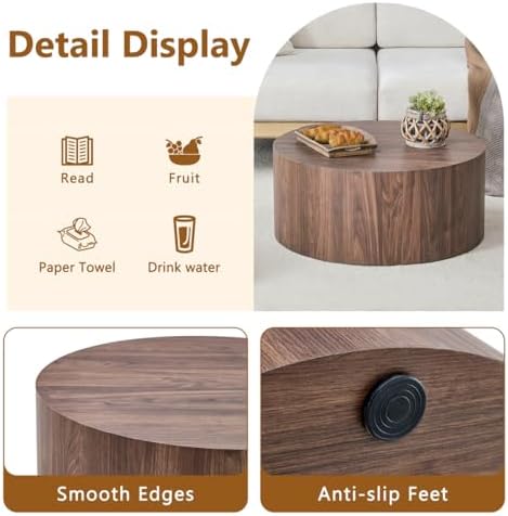 Round Coffee Table, 23.6" Modern Wood Drum Coffee Table, Round Accent Center - Image 4
