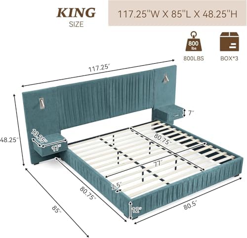 King Size Bed Frame with LED Lights and Nightstands, Modern Chenille - Image 2