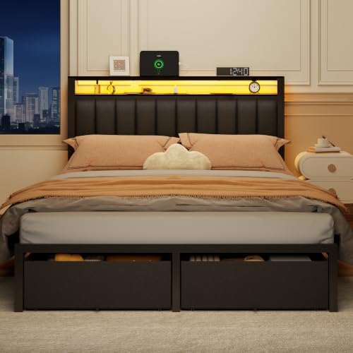 Furnulem Queen Bed Frame with Storage Drawers and Upholstered Headboard - Image 4