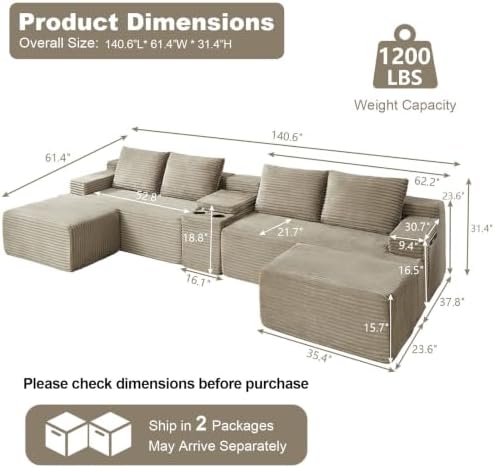 GNIXUU 140.6" Camel Boneless Cloud Sectional Couches - Image 2